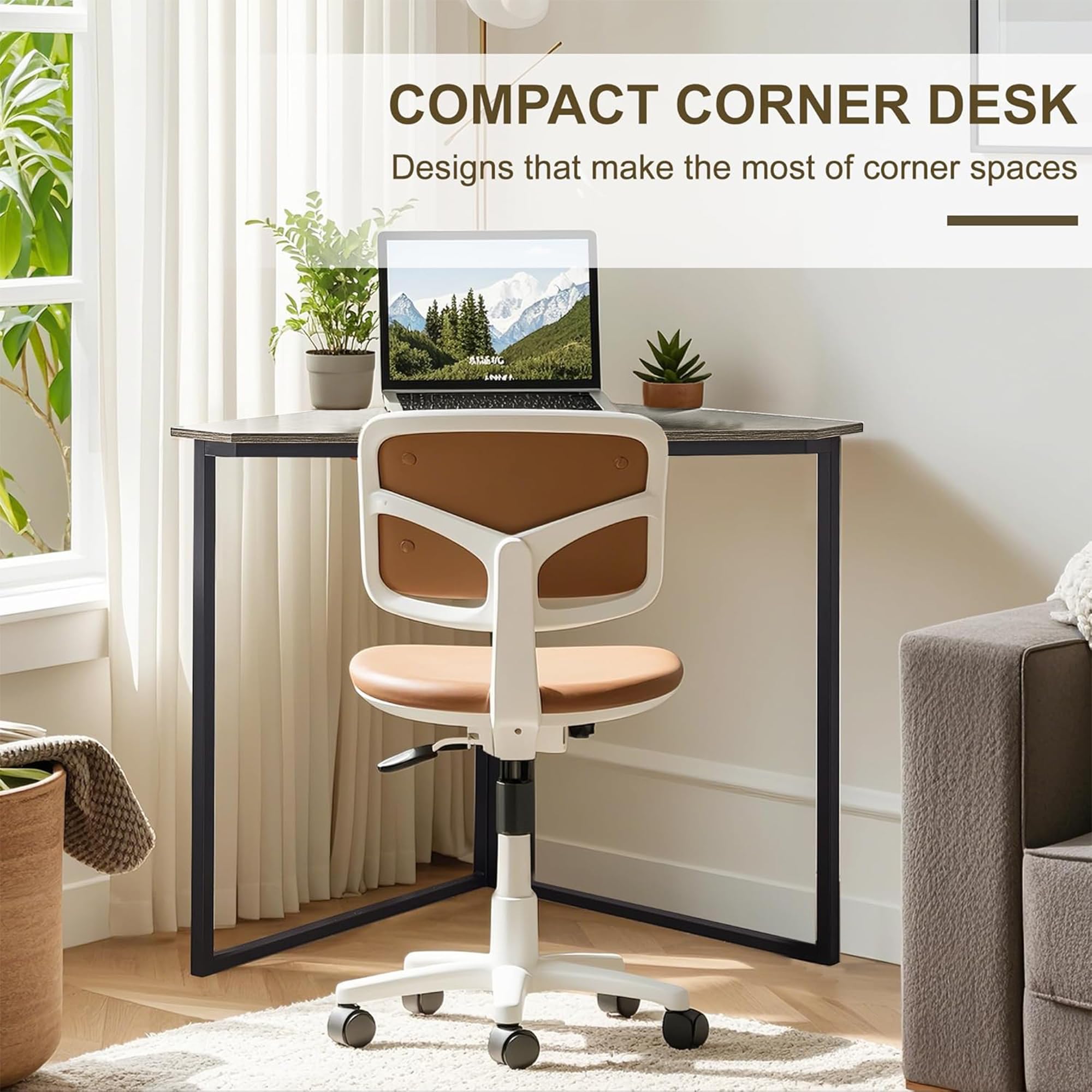 VECELO Corner Desk,Office Tables for Living Room for Small Space Triangle Computer Desk with Steel Frame Corner Shelves with Metal Frame Writing Desk for Workstation Classic Grey 33.1"