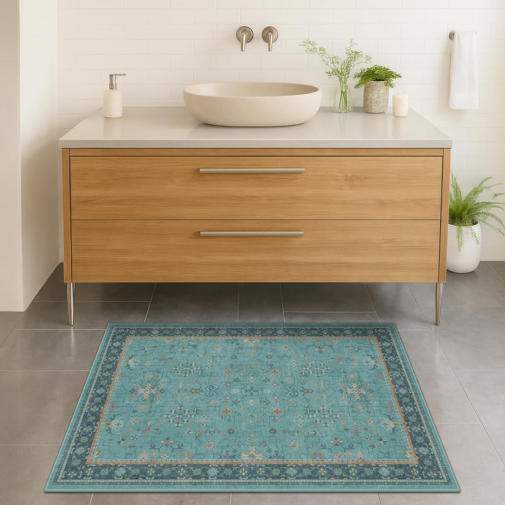 Skiennix Washable Teal Rug - Non-Slip, Stain & Fade Resistant | Perfect for Entryway, Kitchen & Bathroom