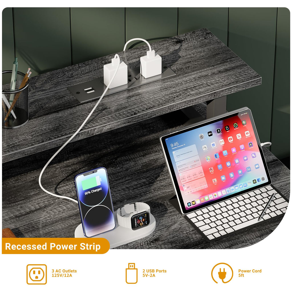 iSunirm 47 inch Computer Desk with Power Outlets, Gaming Desk with LED Lights, Home Office Work Desk with Monitor Shelf, Modern Office Desk Study Writing Table for Small Spaces, Black Oak