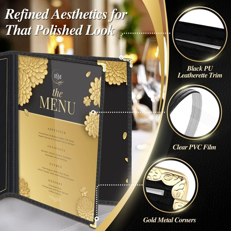 Flexzion Restaurant Menu Covers 8.5 x 11 Inch (6 Pack) - Book Style Bar Menu Holder with 3 Page 6 View - Transparent Clear Menu Book Covers with Gold Metal Corner for Restaurant, Hotel, Cafe