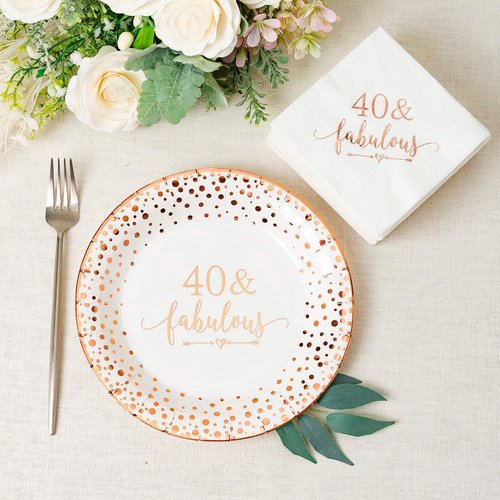 Crisky 40 Fabulous Disposable Plates for Women 40th Birthday Decorations Rose Gold Dessert, Buffet, Cake, Lunch, Dinner, Party Table Supples, 50 Count, 9 inches