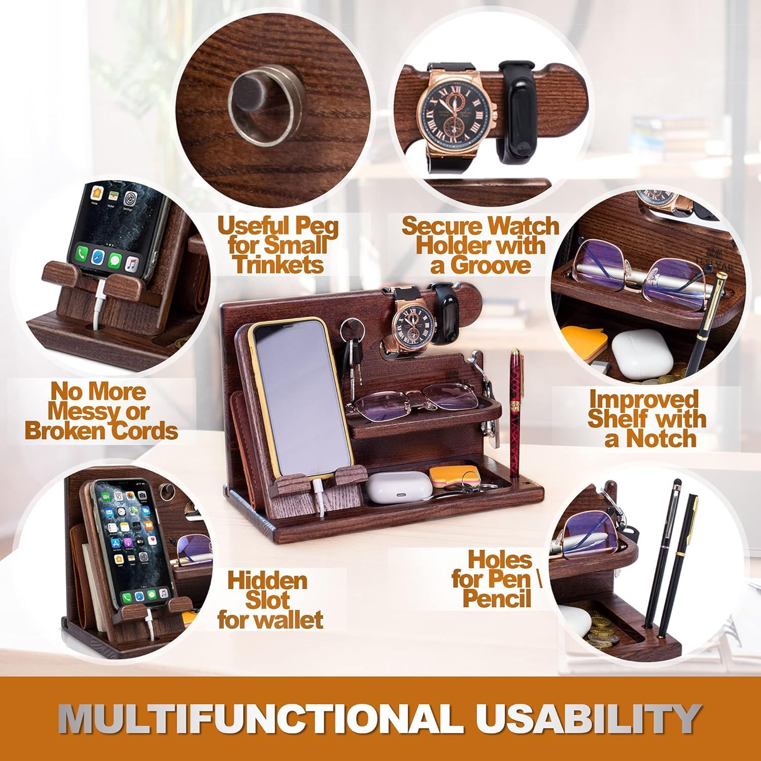 TESLYAR Wood Phone Docking Station - Stylish Desk Organizer for Men | Key Holder & Essentials (Bourbon Brown)