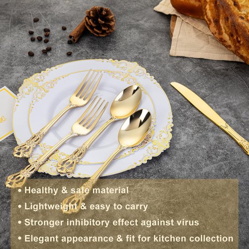 Joyido 90 Pieces Gold Plastic Silverware - Heavy Duty Gold Disposable Utensils - Fancy Plastic Cutlery Set Includes 30 Forks, 30 Spoons, 30 Knives for Dinner Parties Weddings