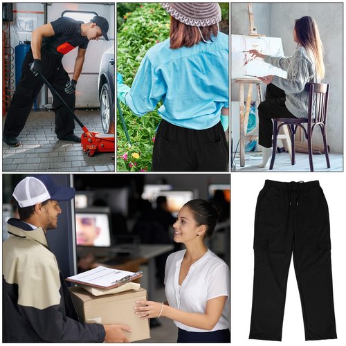 Jeere 6 Men's Chef Pants Classic 7 Pocket Chef Cargo Pants Baggy Kitchen Pants with Wide Elastic Waist and Drawstring (M) Black