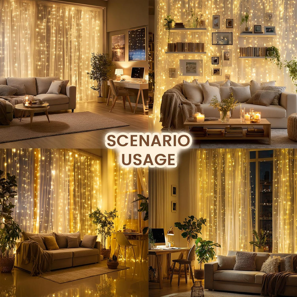 Skiennix 300 LED Curtain String Lights - Warm White with Remote & Timer | 9.8x9.8 Ft Waterproof Decor