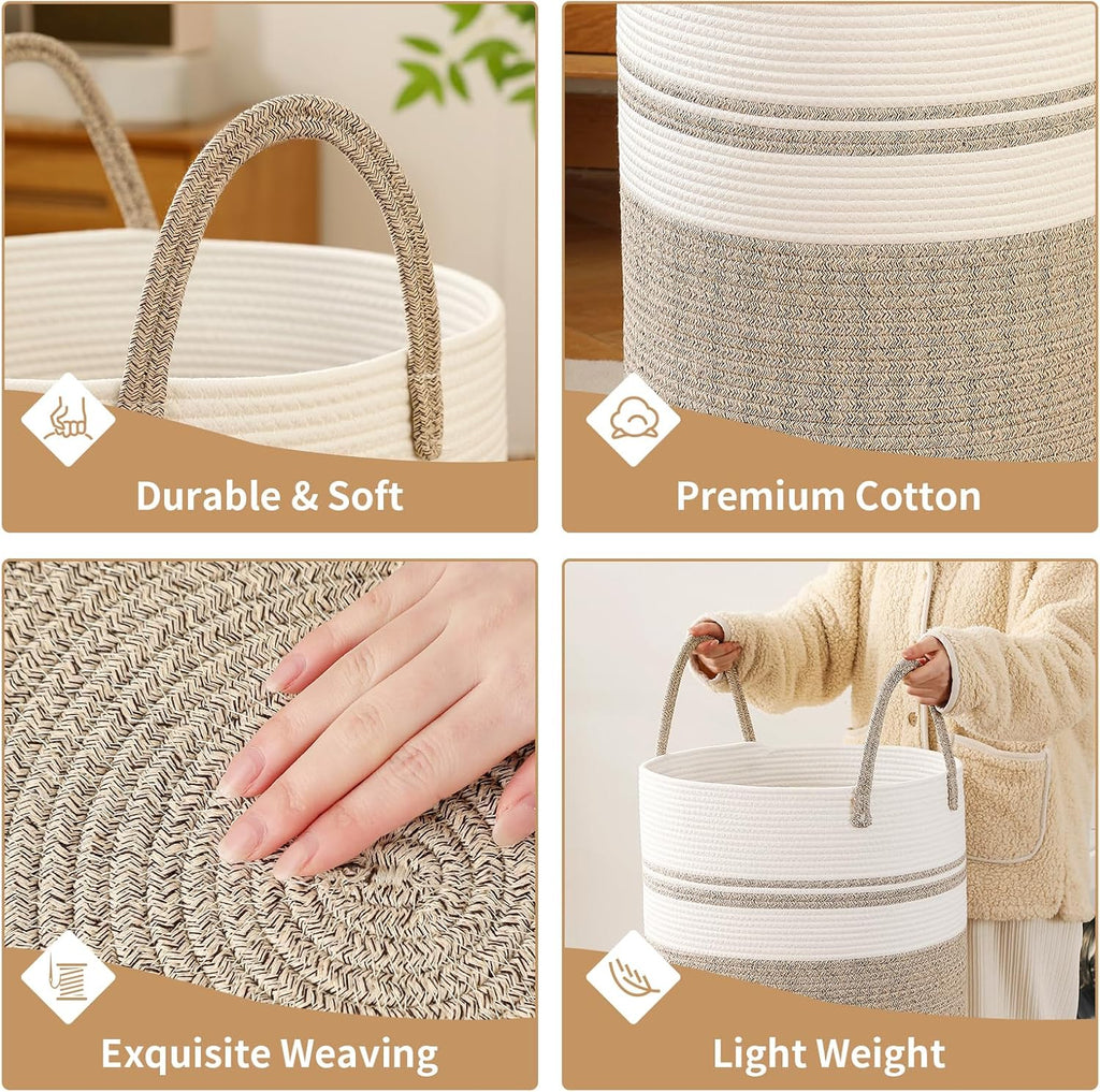 Skiennix Laundry Basket Hamper - Tall Woven Rope Storage for Blankets & Toys | 60L, Brown & White
