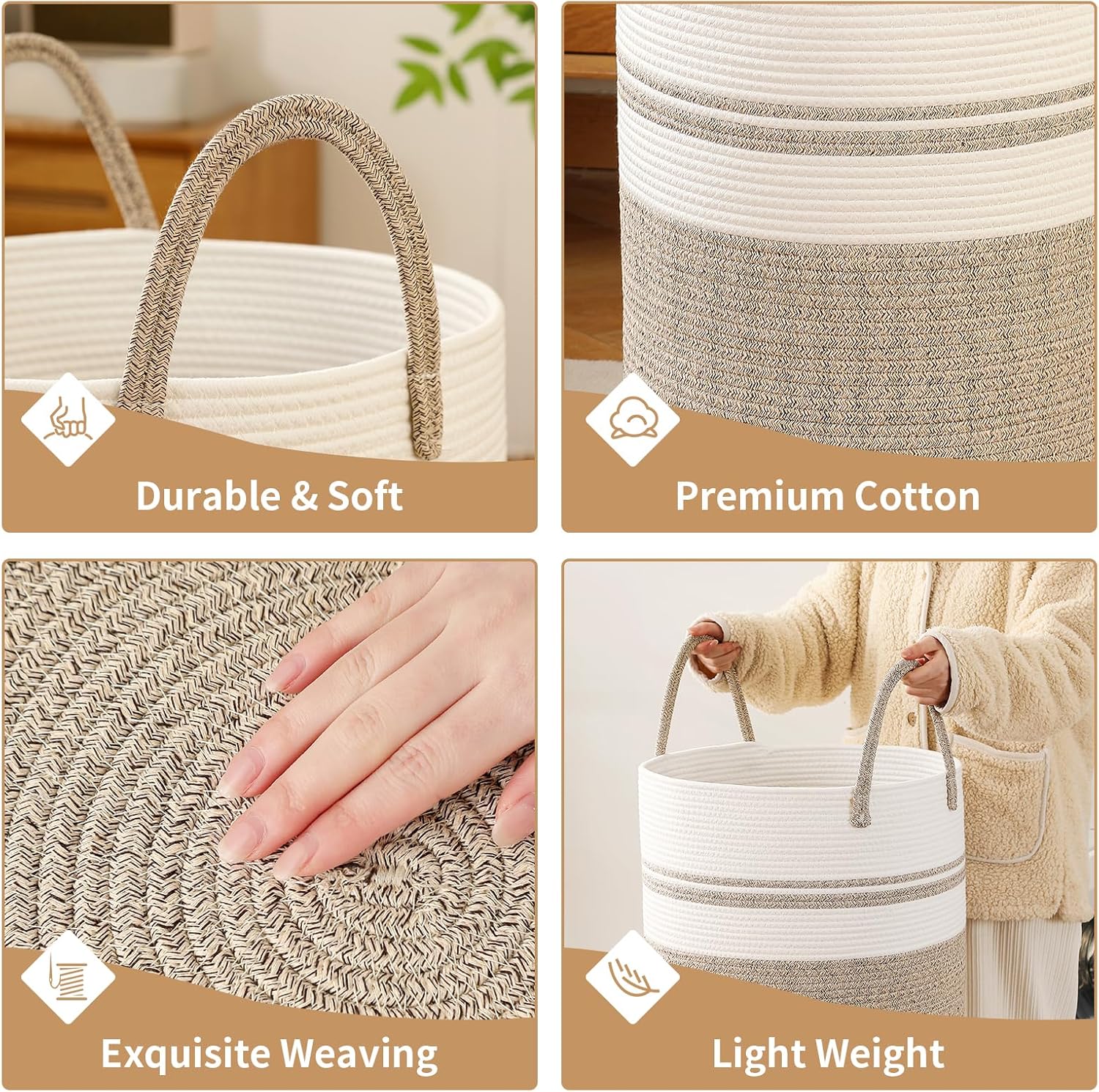 Skiennix Laundry Basket Hamper - Tall Woven Rope Storage for Blankets & Toys | 60L, Brown & White