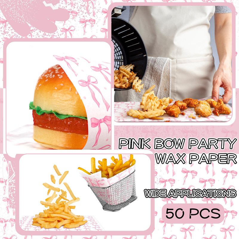 Geosar 100 Pcs Coquette Bow Paper Food Trays Bulk Bow Party Supplies Birthday Decor Disposable Food Boat Trays with Wax Paper Sheet Wrapping for Wedding Bridal Party Supplies(Pink)