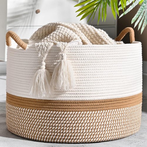 KAKAMAY Large Woven Blanket Basket - Cotton Rope Storage Hamper for Baby Toys & Laundry | White/Brown