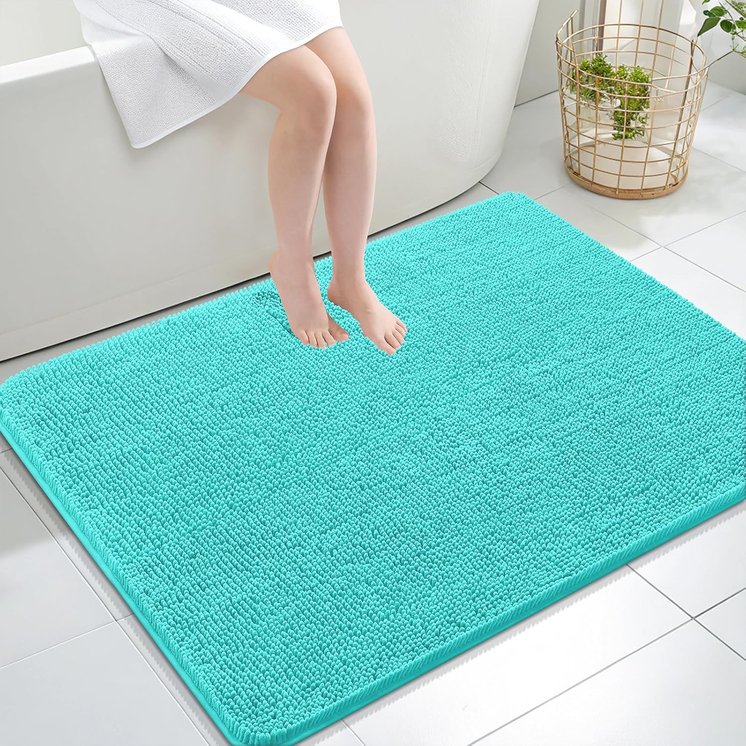 OLANLY Large Bathroom Rugs - Extra Soft Chenille Bath Mats | Quick-Dry, Machine Washable, Teal 40x32