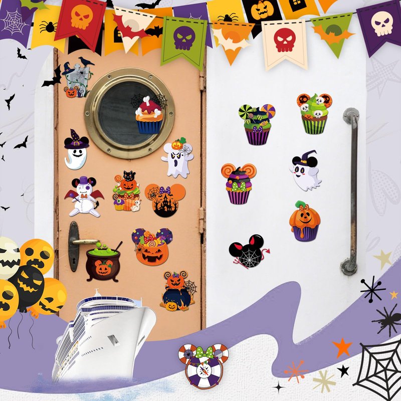 RiVolTa Halloween Cruise Door Decorations - 16 Pcs Mouse Pumpkin Ship Cabin Magnetic Stickers Funny Cute Ghost Boo Anchor Stateroom Magnets Decals Accessories for Carnival Holiday Party Fridge Decor