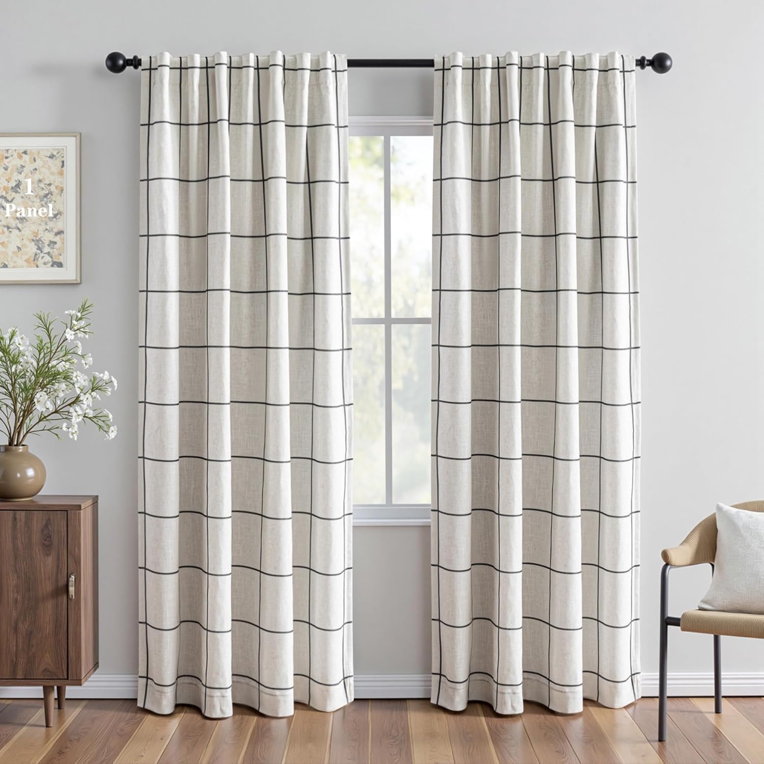 MYSKY HOME 100% Blackout Linen Curtains - 84 Inch Thermal Insulated Drapes | Black Plaid, 52" W, 1 Panel