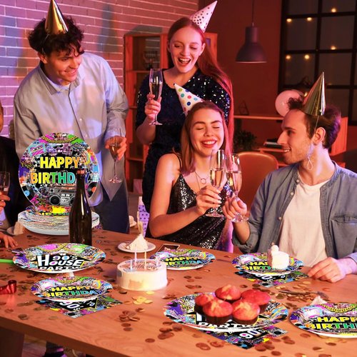 96 Pcs 90's House Party Supplies Disposable 90s Party Paper Plates and Napkins Retro Graffiti Wall Back To The 90' Tableware Set for Men Women 90s Birthday Hip Hop Party Decorations Serves 24