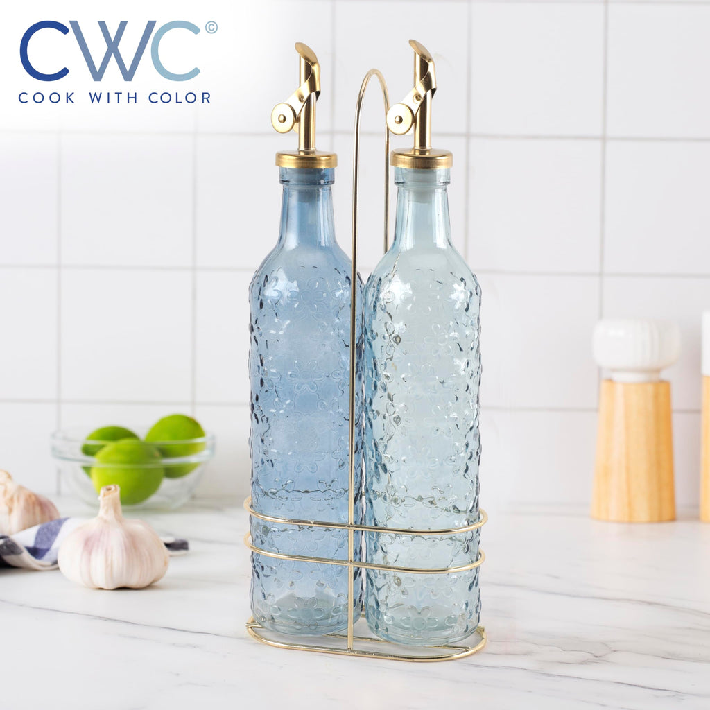 COOK WITH COLOR Glass Olive Oil Bottle Dispenser - 2 Pack- 17oz Oil and Vinegar Cruet - Olive Oil Carafe Decanter for Kitchen