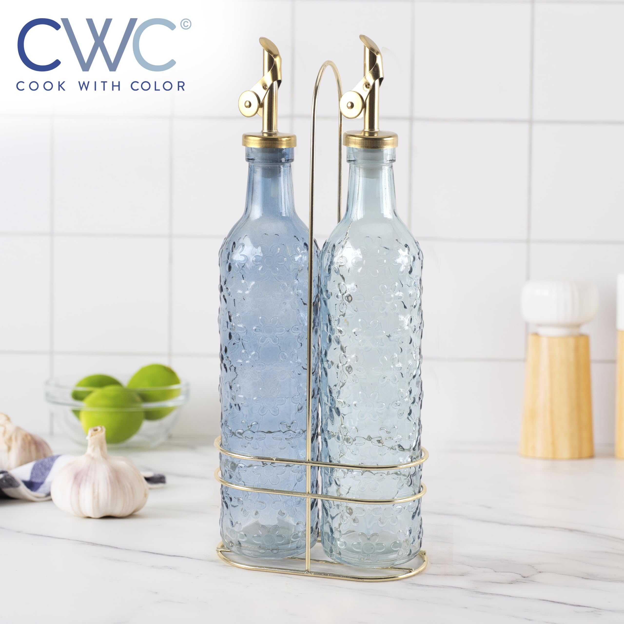 COOK WITH COLOR Glass Olive Oil Bottle Dispenser - 2 Pack- 17oz Oil and Vinegar Cruet - Olive Oil Carafe Decanter for Kitchen