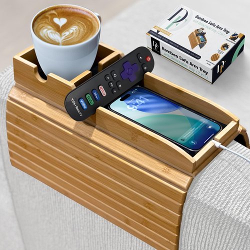 Couch Armrest Table Set of 2 - with Detachable Couch Cup Holder Tray | Foldable Non-Slip Bamboo Sofa Arm Tray for Remotes, Phones, Drinks and Snacks | Space-Saving Arm Rest Table - 17.7" x 12.8
