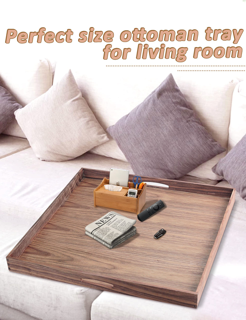 EXISTING 23x23 Inch Tray for Ottoman, Large Serving Tray with Handles,Brown Square Walnut Platter Decorative Wooden Tray for Breakfast in Bed,Living Room,Coffee Table,Party Serving