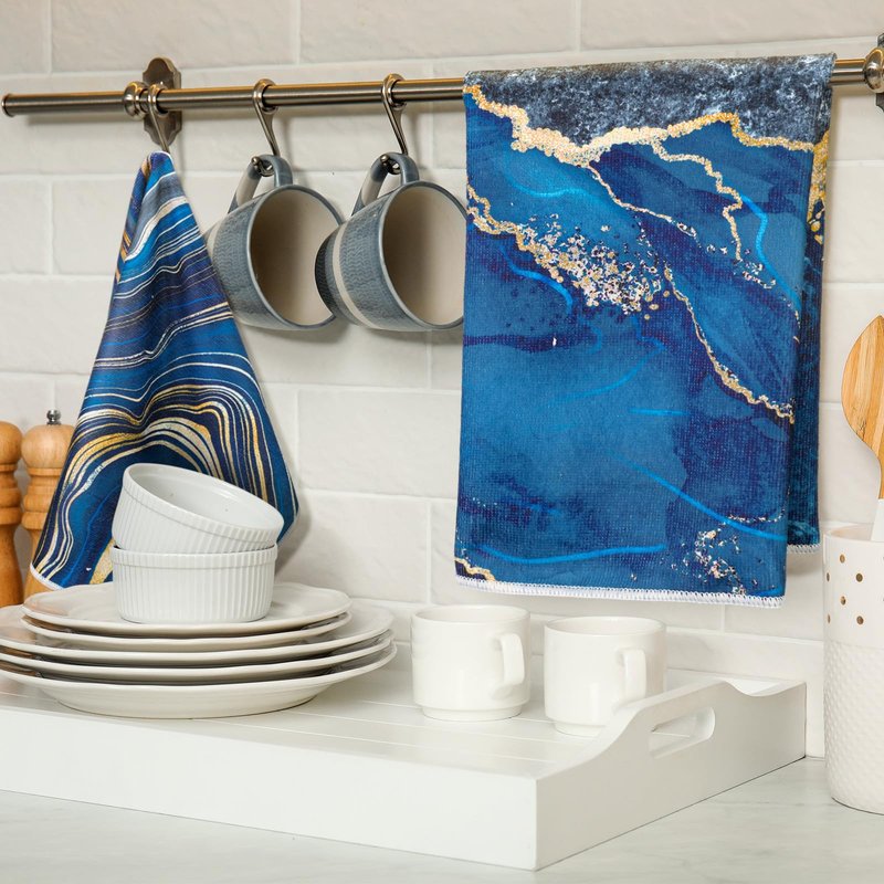 Boyiee 6 Pcs Marble Hand Towels Blue and Gold Towels Navy Blue Kitchen Towel Modern Gifts Absorbent Soft Decorative Dish Cloths Tea Towel Set Kitchen Decor Ocean Gift for Holiday Farmhouse Bathroom