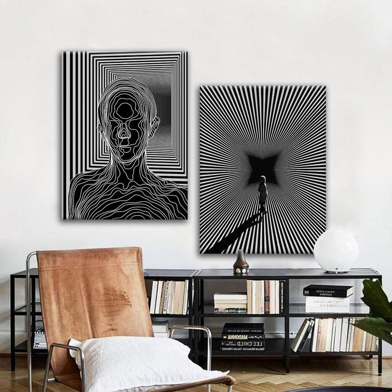 AUUAUU Black and White Minimalist Wall Art Set of 2-16x24 Inch Framed Abstract Poster Modern Optical Illusion Canvas Prints Geometric Lines Pictures Paintings for Living Room Bedroom Offic Decor
