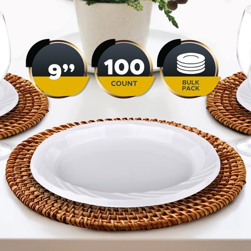 PAMI Heavy-Duty Disposable Plastic Dinnerware for Parties, Elegant Design, Microwave & Freezer Safe (9 Inch Plates 100 White)