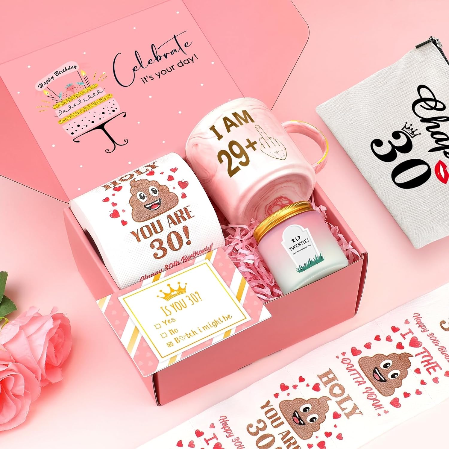 Regine Switzerland 30th Birthday Gift Set - Fun Coffee Mug, Makeup Bag & Candle for Women