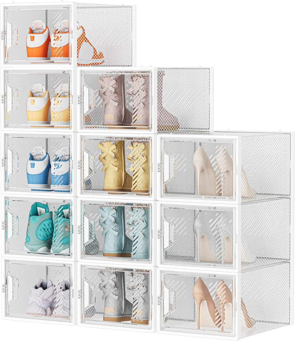 Skiennix X-Large Shoe Organizer - 12 Pack Clear Plastic Stackable Storage Boxes for Size 13