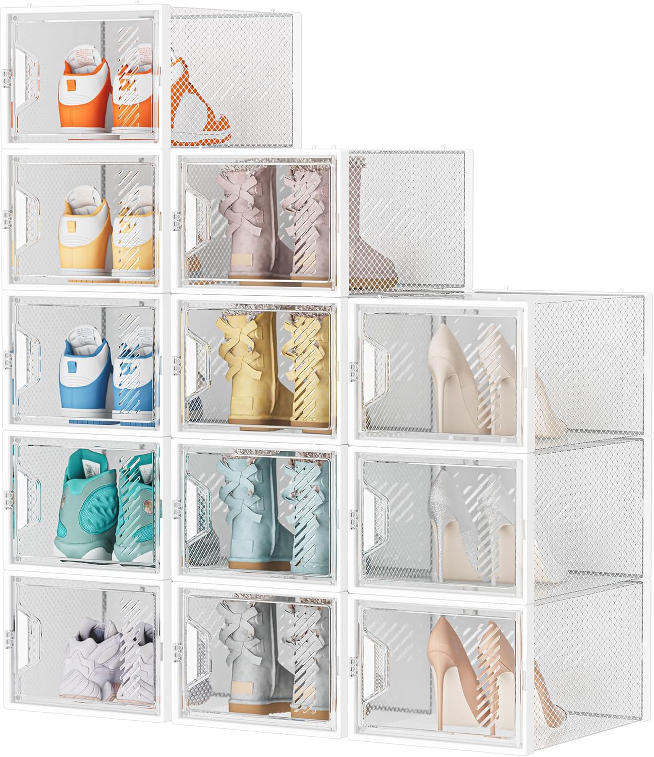 Skiennix X-Large Shoe Organizer - 12 Pack Clear Plastic Stackable Storage Boxes for Size 13