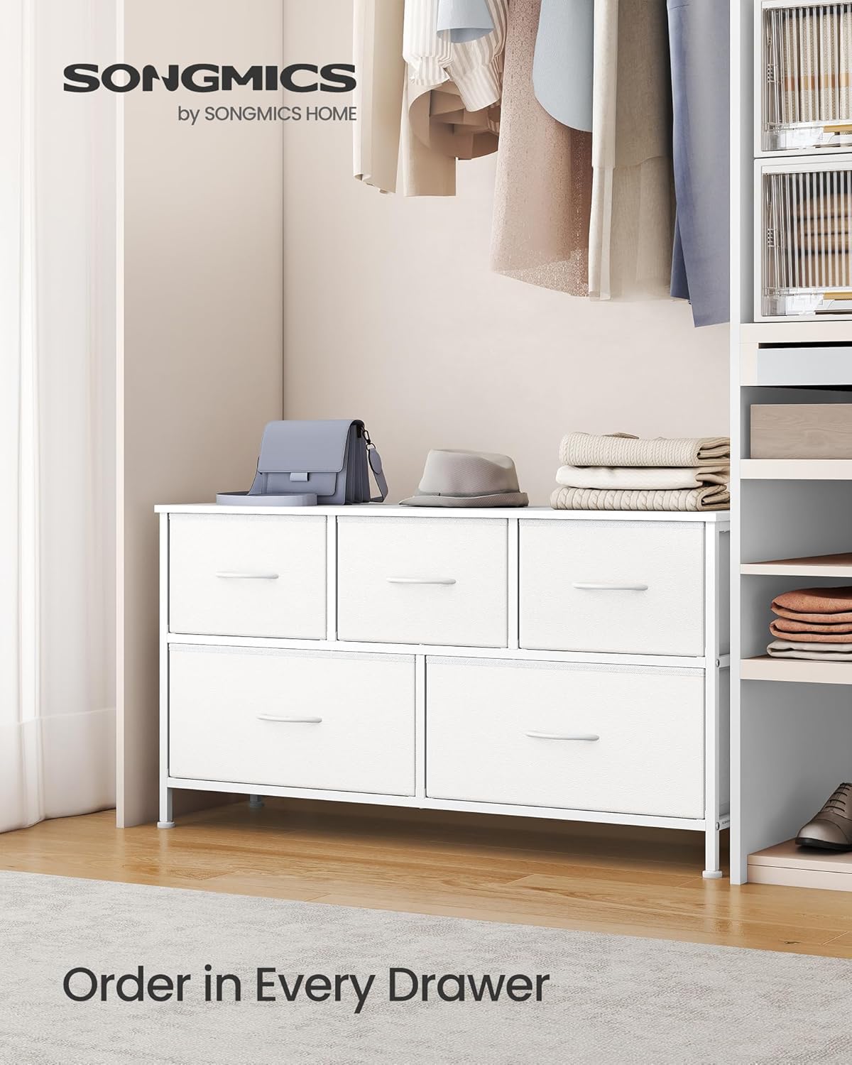 SONGMICS Dresser - 5-Drawer Storage Organizer Unit in Cloud White & Snow White | Stylish Bedroom Chest