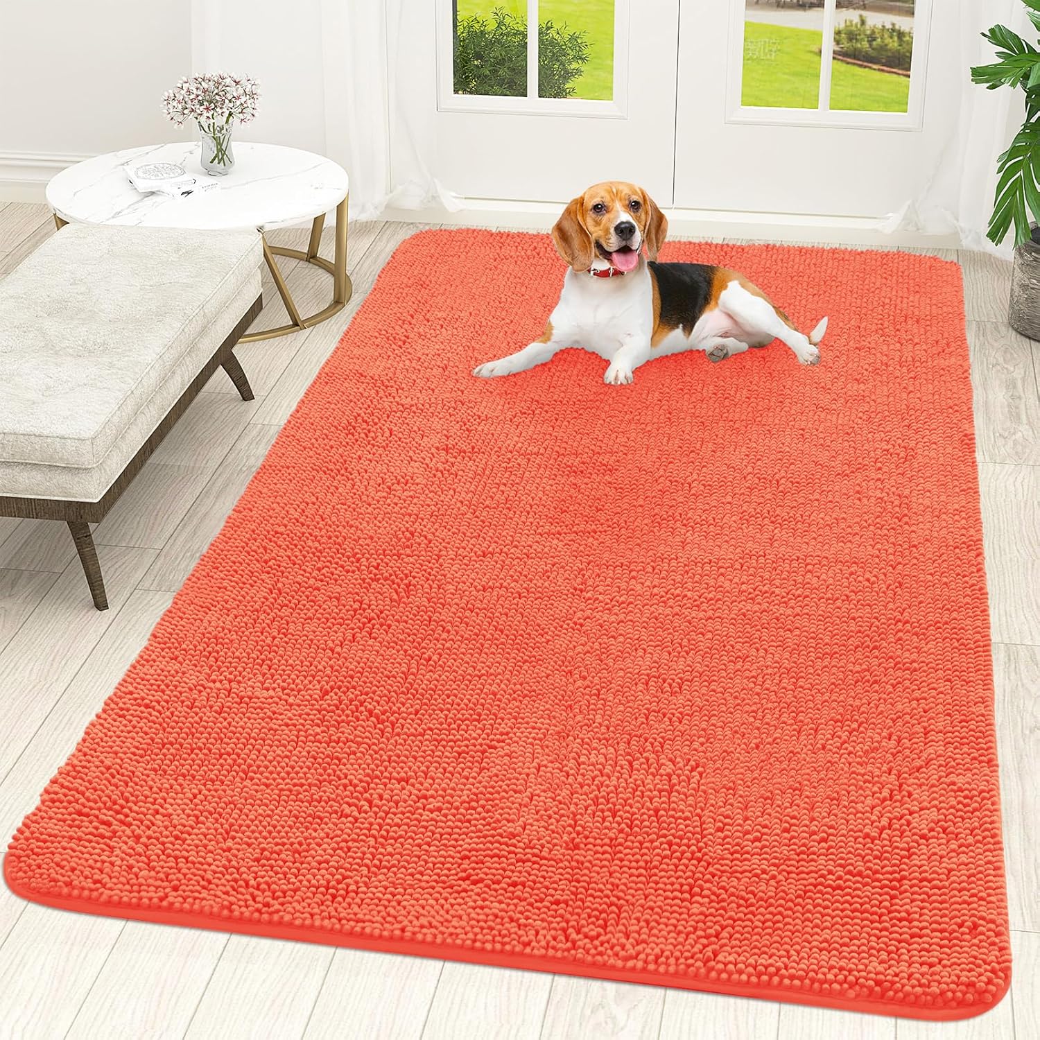 OLANLY Dog Door Mat - Absorbent Non-Slip Chenille Mat for Muddy Paws | 70x46 Coral Indoor Carpet