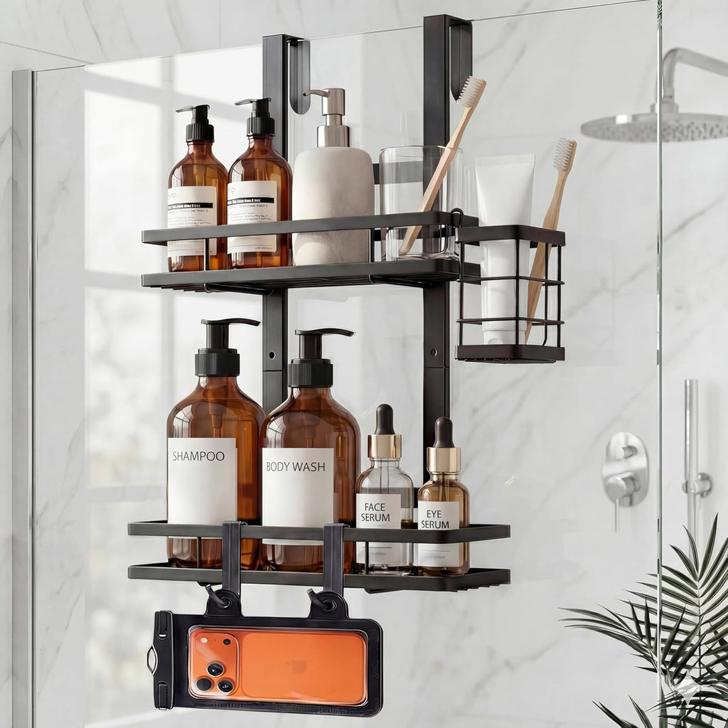 Skiennix Over The Door Shower Caddy - Rustproof 2-Tier Bathroom Organizer with Waterproof Phone Pouch | Black