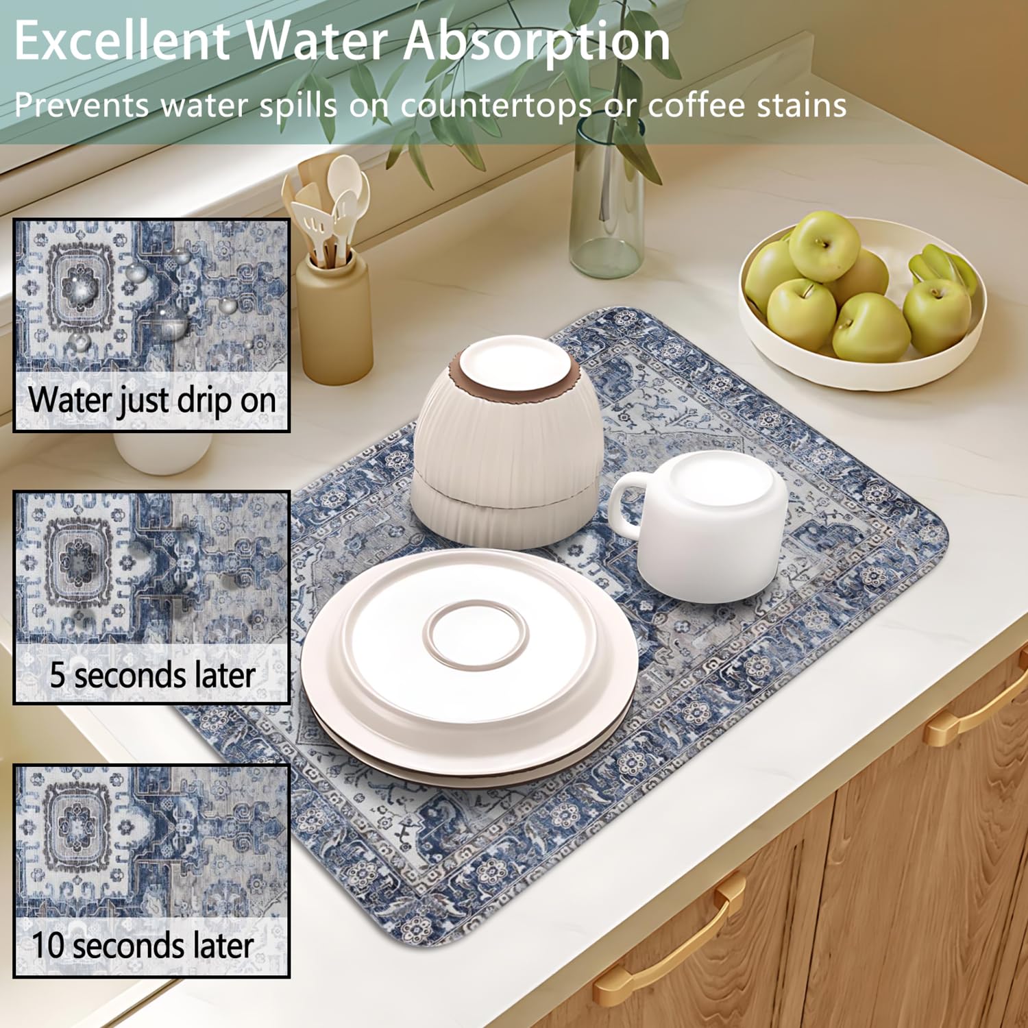 Dish Drying Mat for Kitchen Counter 2 Pack with Non-Slip Rubber Backing - Heat-Resistant Absorbent Coffee Bar Mat, Dish Rack Mat, Boho Dish Drying Mats 18x24+19.5x12 inch