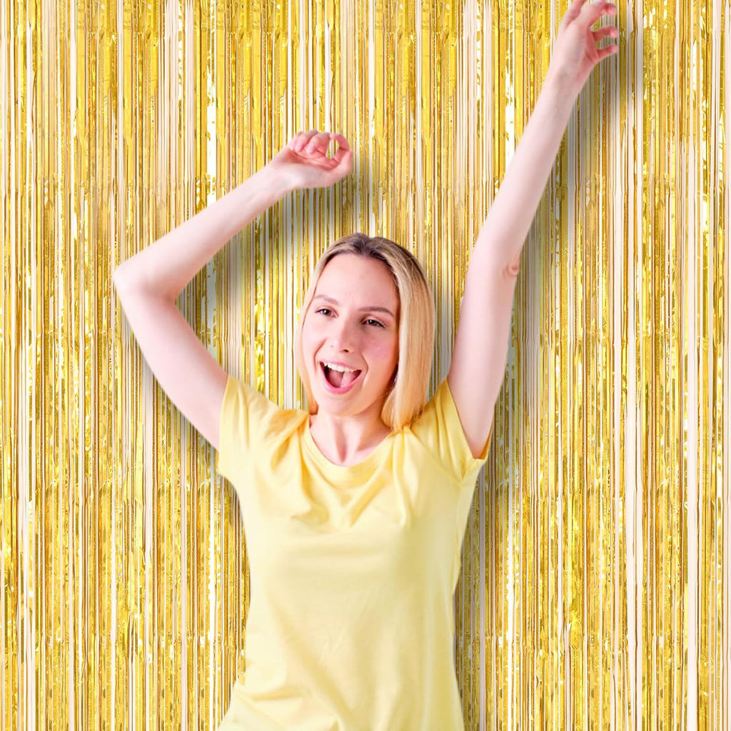 Voircoloria 3 Pack Laser Gold Foil Fringe Backdrop Curtains - 3.3 x 8.2 ft Tinsel Streamers for Parties