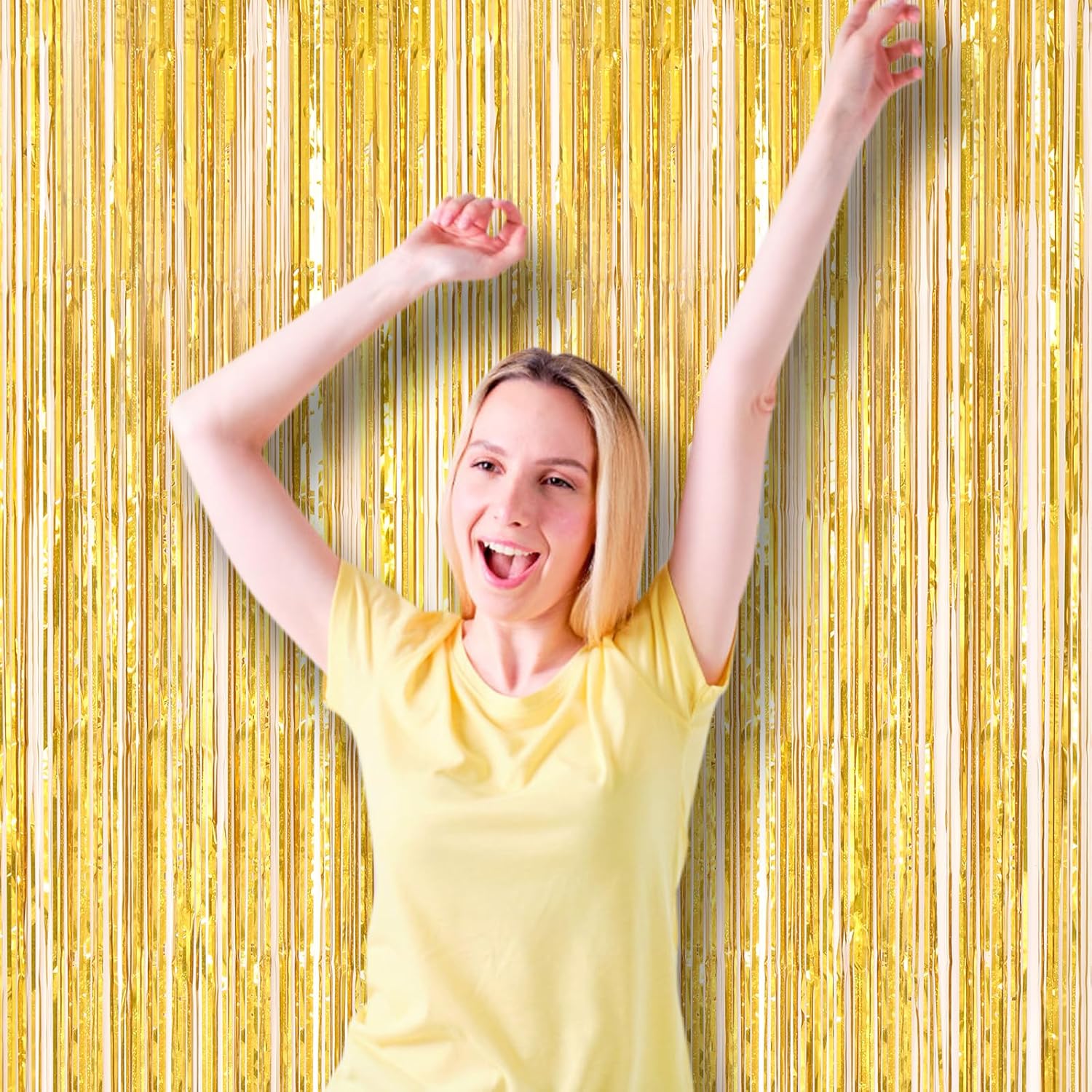 Voircoloria 3 Pack Laser Gold Foil Fringe Backdrop Curtains - 3.3 x 8.2 ft Tinsel Streamers for Parties