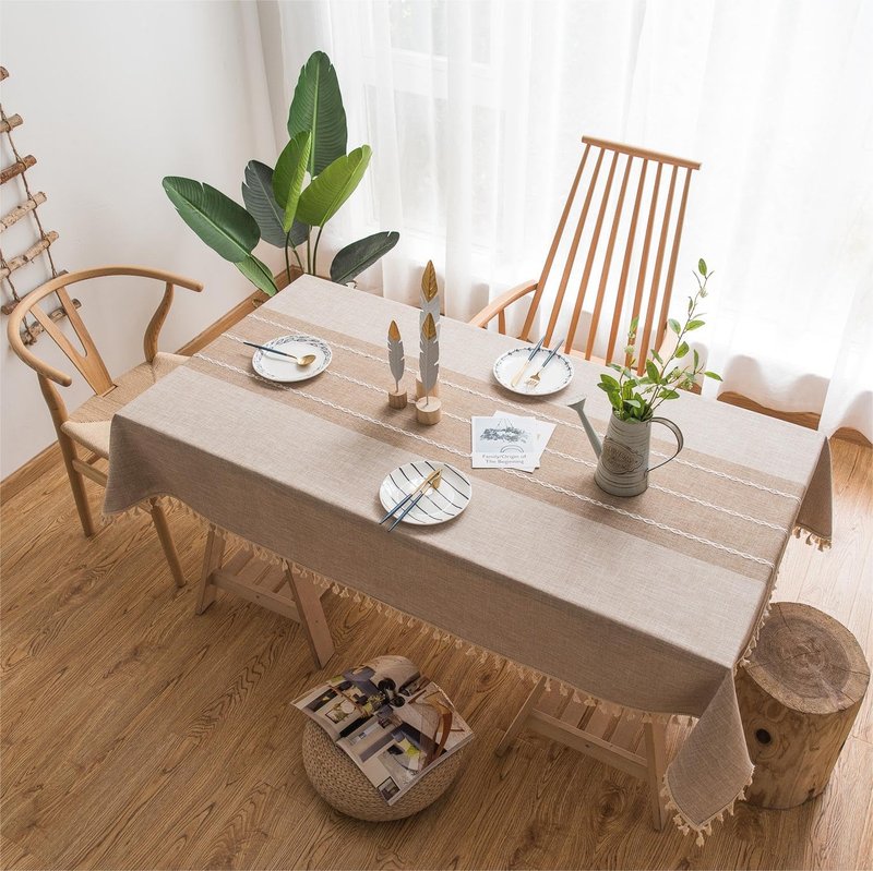 Sutuo Home Boho Cotton Linen Embroidery Table Cloth with Tassel, Tablecloths for Long Rectangle Table, Water Resident Tablecloth for Dining Room Patio Party Oblong, Coffee 55''x 120'', 10-12 Seats