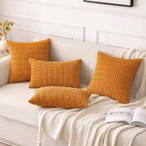 MIULEE Burnt Orange Corduroy Decorative Pillow Covers - Soft Boho Striped 18x18 Inch | Modern Farmhouse Home Decor