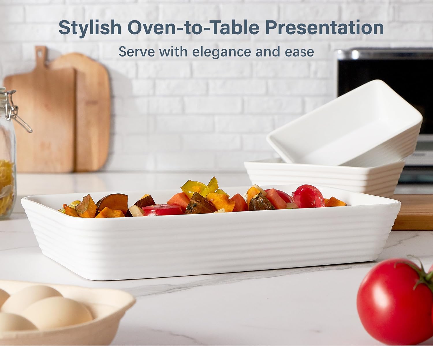 ONEMORE Ceramic Baking Dish - 9x13 Large Rectangular Casserole Pan for Family Meals | Ribbed White Bakeware
