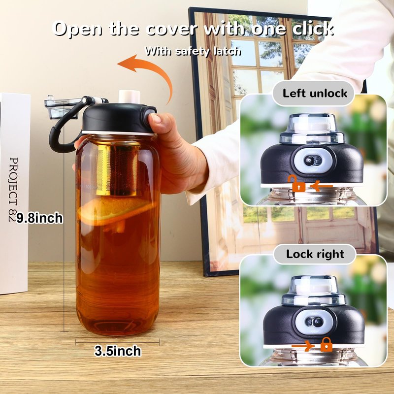 wangsdjy 34oz Glass Water Bottle with capacity Mark & Stainless Steel Tea Strainer-Large Capacity for Hot/Cold Drinks,Coffee,Tea,and Water-Includes Protective Sleeve,Perfect for Home,Office (34oz)