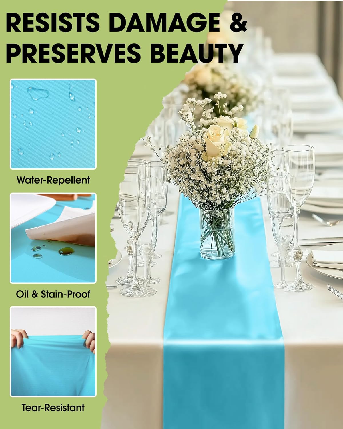 Pureegg Disposable Table Set - 10 Pack of Leakproof White & Blue Tablecloths (54''x108'') & Runners (14''x108'') for Events