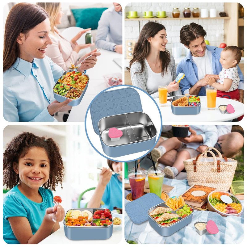 Small Stainless Steel Bento Lunch Box - Reusable Divided Metal Snack Bento Box 3-Compartment Food Meal Prep Storage Lunch Containers Leakproof with Dip Container,Dishwasher,Freezer Safe, BPA-Free