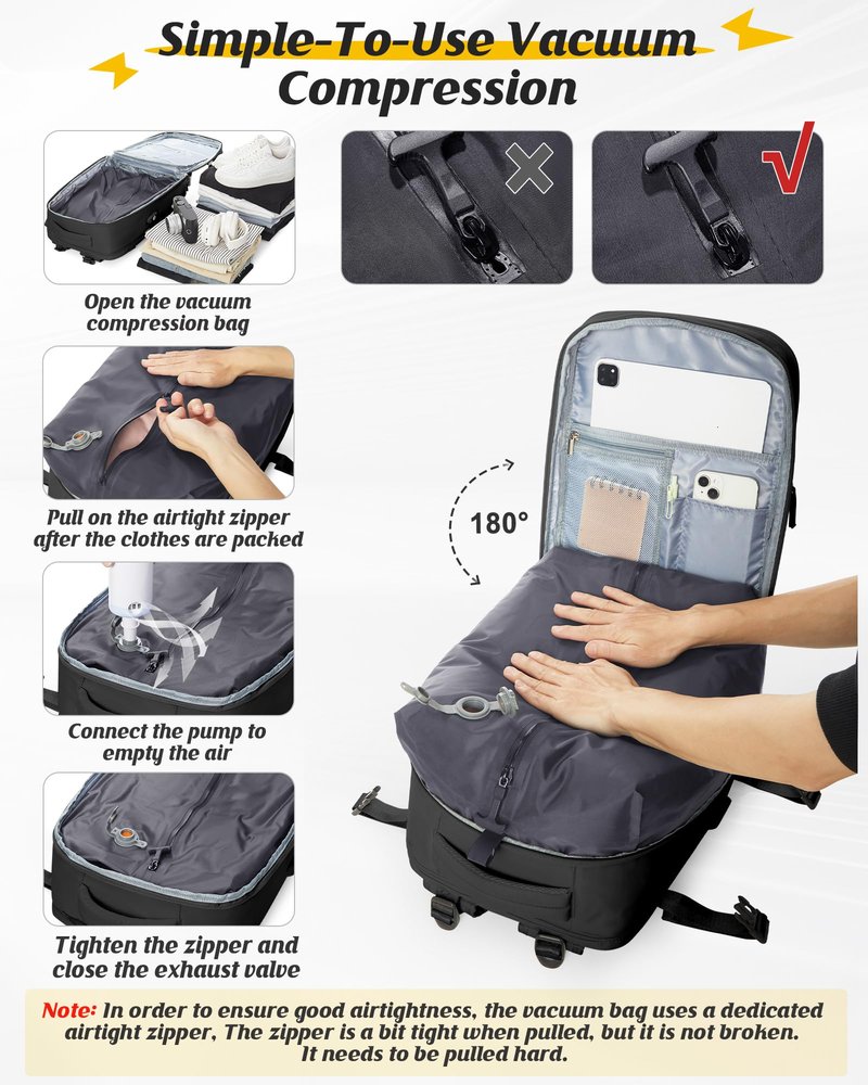 SEAFEW Vacuum Travel Backpack with Electric Pump, Waterproof Personal Item Bag, Women & Men's Anti-Theft Laptop Daypack for Work Trip Gym with Wet Bag & Shoe Compartment, Black