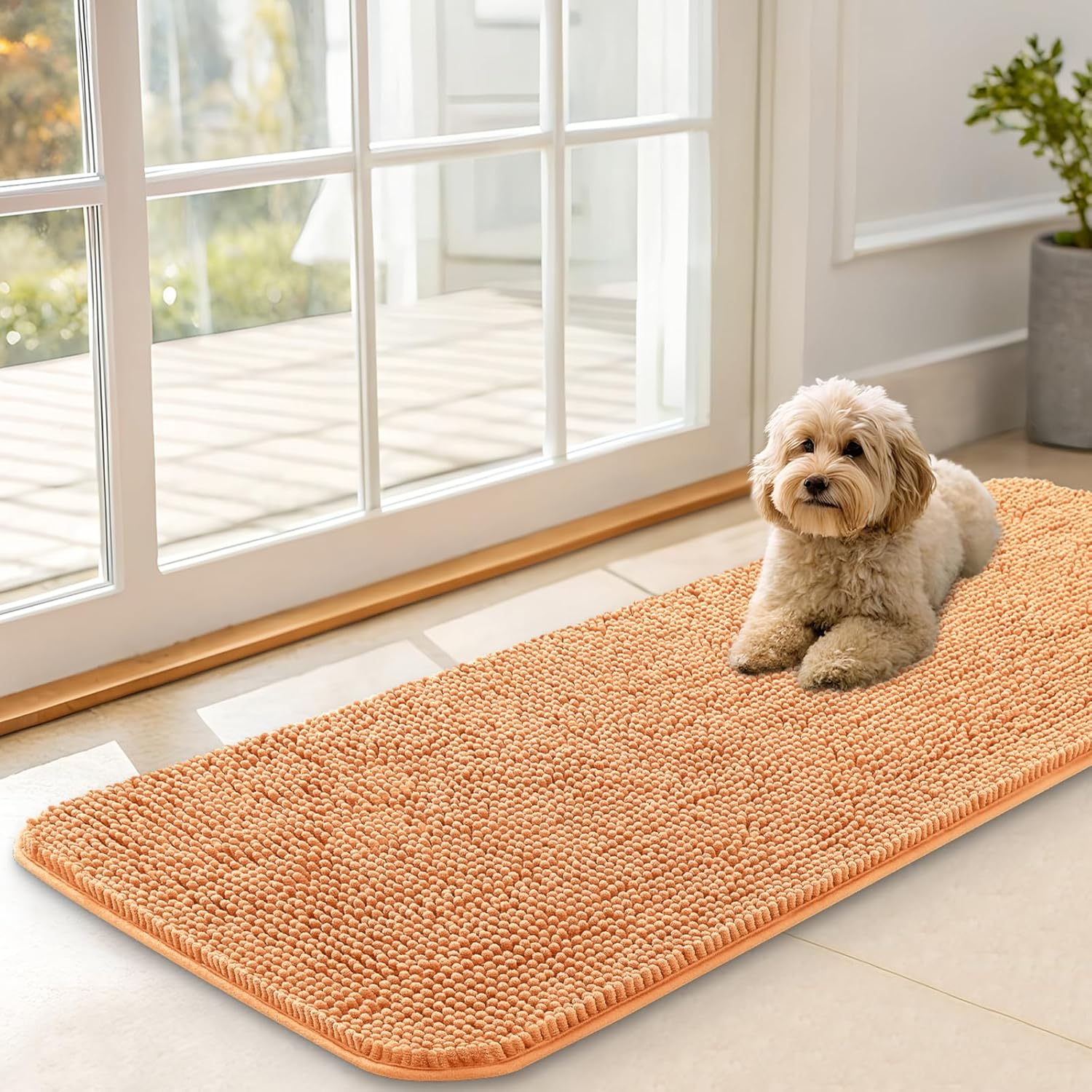 OLANLY Dog Door Mat - Absorbent Non-Slip Washable Chenille Mat for Muddy Paws | 47x17 Inches, Orange