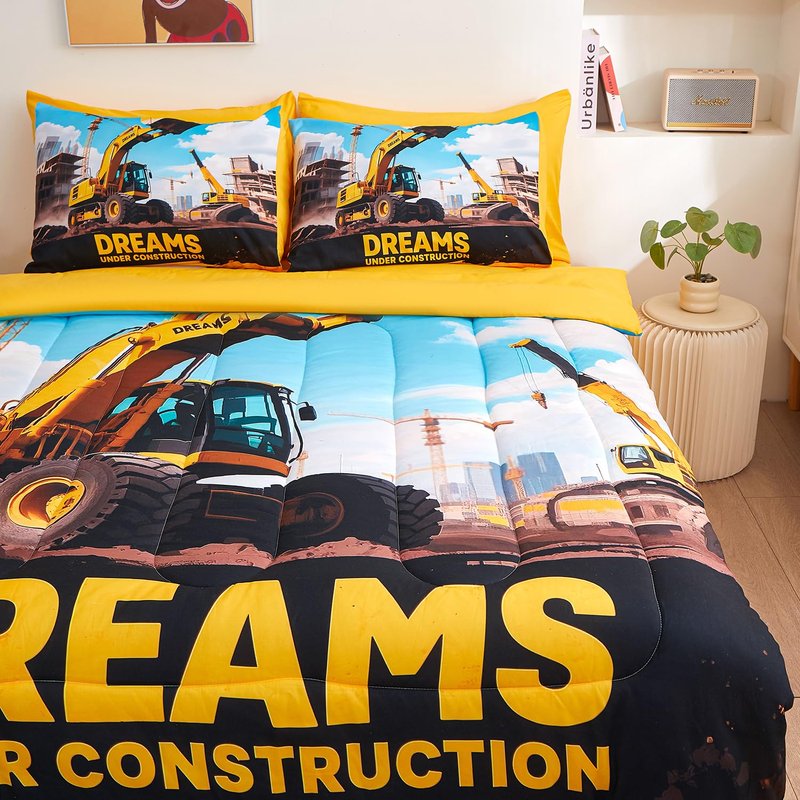 ZUEXVOFY Yellow Digger Twin Bedding Set for Boys – 5 Piece Comforter Bed Sheets Set, Kids’ Bedroom Decor, Teen Boy Room, Car and Excavator Theme, Kids’ Gift, Children’s Twin Bed in a Bag