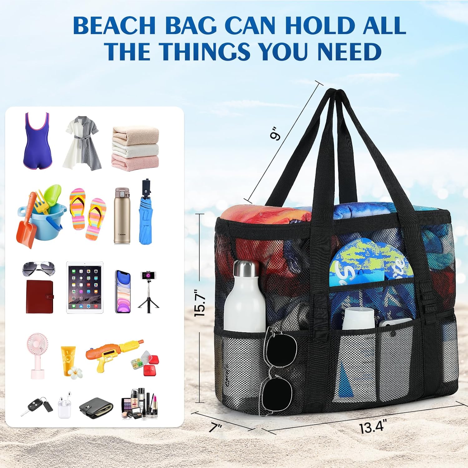 Skiennix Mesh Beach Bag - Large 8-Pocket Tote for Vacation Essentials | Durable & Stylish