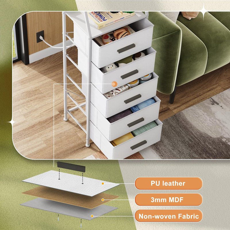 NASHZEN Nightstand 5 Drawer Dresser with Charging Station, Side Table with Fabric Drawers, End Table with Open Shelf, Tall Dresser for Bedroom, Hallway, Entryway