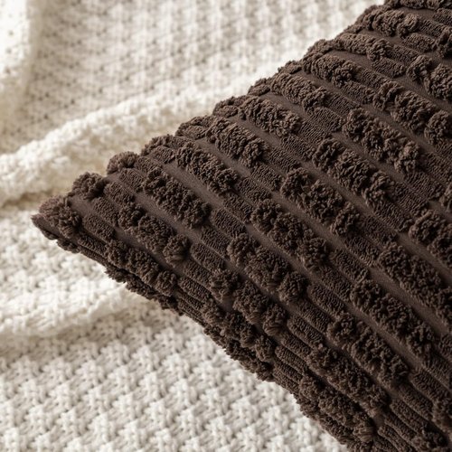 MIULEE Euro Sham Pillow Covers - Soft Corduroy Boho Striped Design | 24x24 Inch Dark Brown Decor