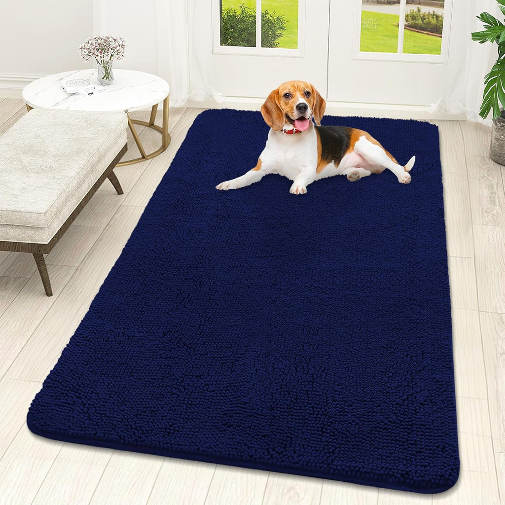 OLANLY Dog Door Mat - Absorbent Non-Slip Mud Mat for Indoor Use | Quick Dry Chenille, 59x32, Navy Blue