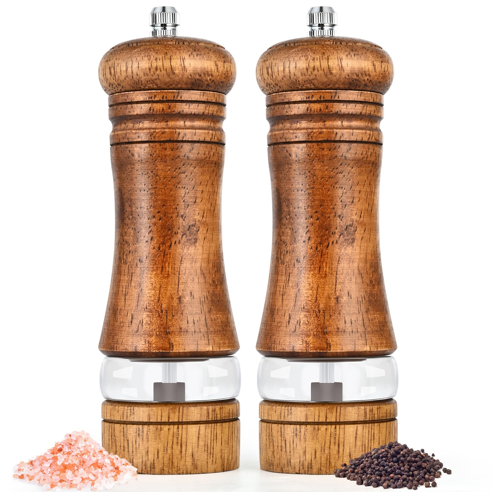 Salt and Pepper Grinder Set, Pepper Grinder，Salt Grinder，Pepper Mill，6 inch Refillable Grinder for Black Pepper，Wooden Salt and Pepper Shakers Set