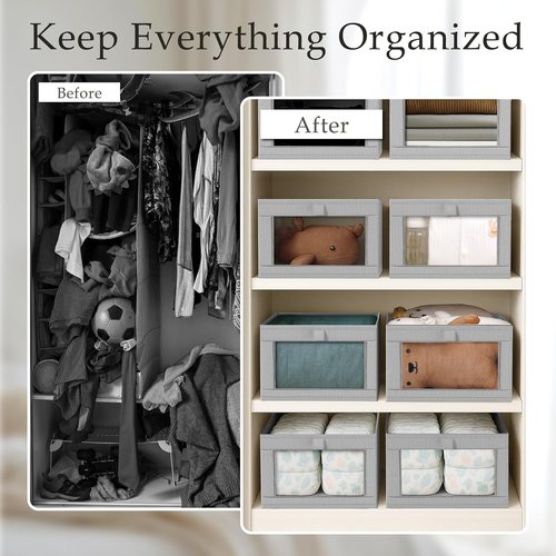 Criusia Linen Closet Organizers - 4 Pack Foldable Storage Baskets for Towels, Clothing & Books | Grey