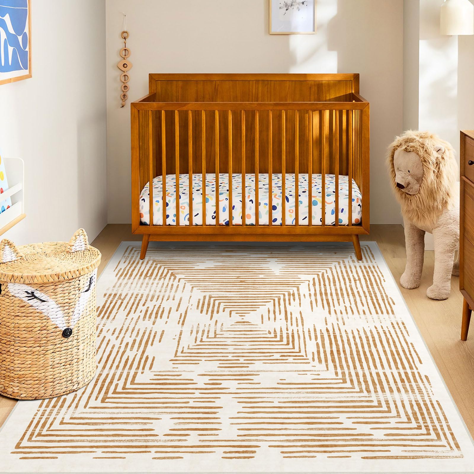 BLISSA Washable 5x7 Area Rugs - Soft Modern Throw Rug for Living Room Non-Slip Ultra-Thin Orange Lines Borderd Abstract Carpet for Bedroom Dining Room Rugs for Under Table Foyer Nursery Home Decor