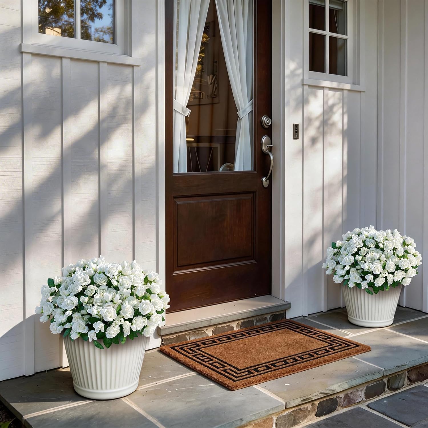 Skiennix Artificial Roses - Realistic Faux Silk Bouquets for Outdoor Decor | 8 Bundles in White